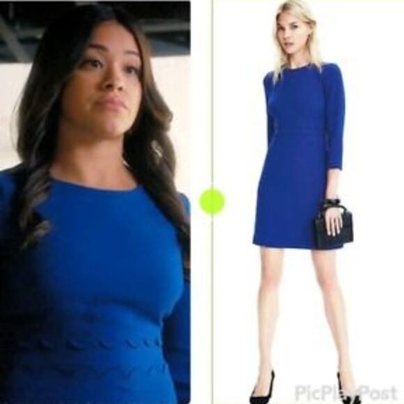 Banana Republic 4P Blue Scalloped Waist Sheath Dress 3/4 Sleeve Double Face - Picture 10 of 10